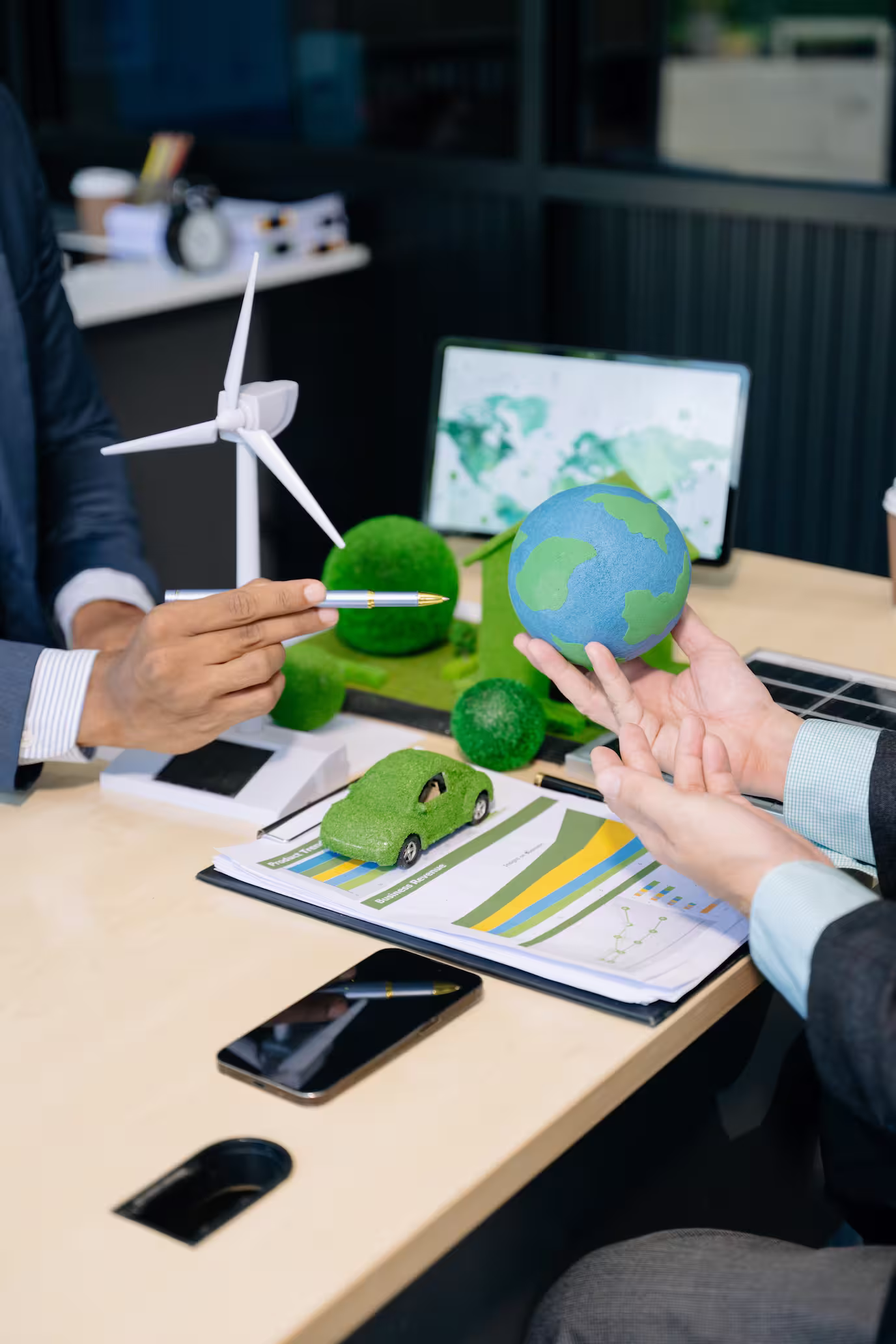 Closeup group Asia businesspeople talk ESG strategies risk manag